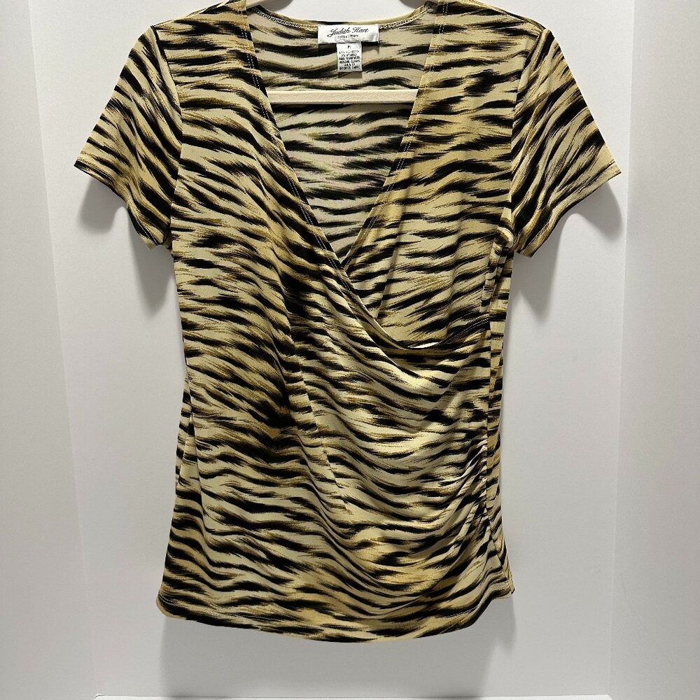 JUDITH HART Women's Tiger Zoo Animal Stripes Line Tan Black V-neck Overlap Top